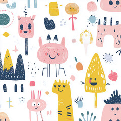a playful vector illustration with whimsical doodles in pastel colors, featuring cute characters and quirky elements