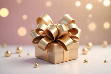 A golden gift box with a bow on a white surface.