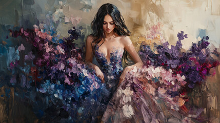 The painting, created with thick strokes of oil paint, depicts a woman in a dress that resembles a blend of flowers and abstract forms
