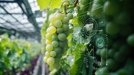 Grapes growing in a controlled environment, with infographics showing the benefits of precision agriculture.