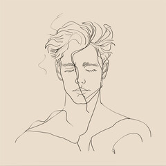 Elegant line art portrait of a male face with a serene and relaxed demeanor.