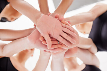 Ballet, stack and hands of women for support, team building and motivation for competition with...