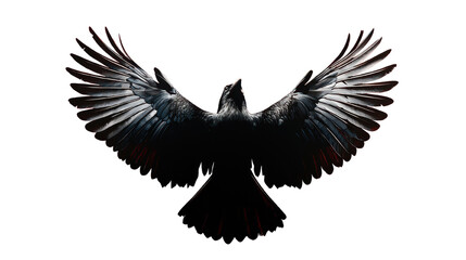 Fototapeta premium A black raven in flight with its wings fully spread, symbolizing mystery, power, and freedom, set against a black background.