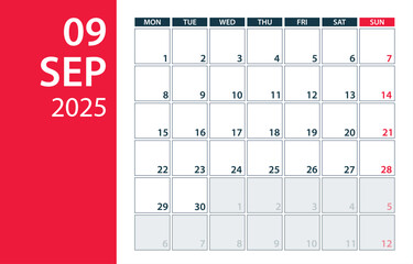September 2025 Calendar Planner - vector illustration. Template. Mock up