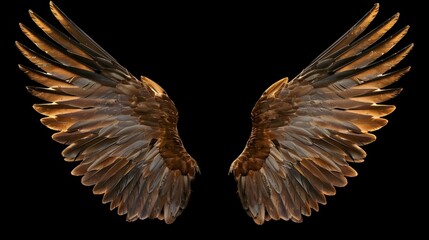 a pair of brown feather wings bird on black background