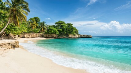 Idyllic Jamaican beach with turquoise waters, palm trees, and soft white sand. Tropical serenity.