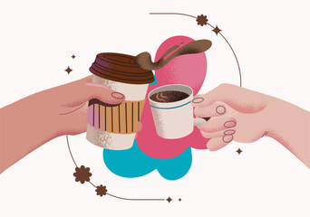 Two hands holding coffee drinks, cheers. Toast with latte in paper cup and espresso cup. Flat graphic vector illustration isolated on white background