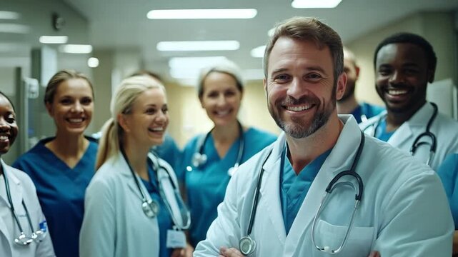 Happy doctors and nurses, united in teamwork, posing for a group portrait in a hospital, reflecting their commitment to patient.