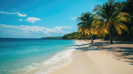 Obraz premium Idyllic Jamaican beach with turquoise waters, palm trees, and soft white sand. Tropical serenity.