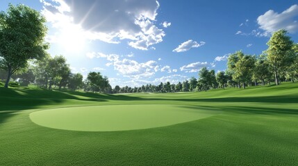 Landscape of a golf course with perfectly manicured greens and a sunny sky.