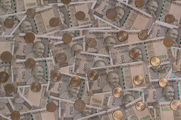 Indian Rupees and coins background from the money, India currency 