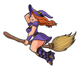 witch cartoon fly on broom halloween night illustration isolated