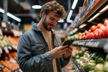 Happy man going through checklist on smart phone while shopping in supermarket, Generative AI