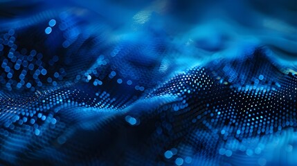 close up of data matrix digital wavy particle blue background