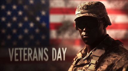 Veterans Day Illustration of Veteran in Military Uniform with American Flag Background