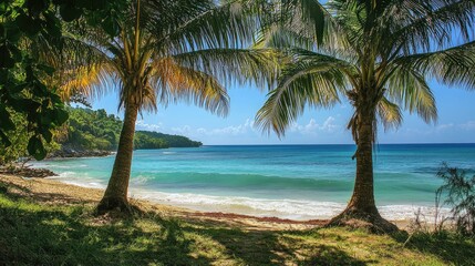 Lush palm trees sway on a pristine beach with turquoise waters in Jamaica. Sun-drenched paradise.