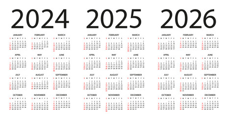 Calendar 2024, 2025, 2026 - illustration. Week starts on Sunday. Calendar Set for 2024, 2025, 2026 years