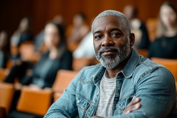 Mature black man attending educational seminar in lecture hall and looking at camera, Generative AI