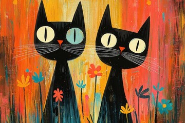 Two black cats stand side by side, their colorful eyes glimmering against a bright, artistic background filled with flowers
