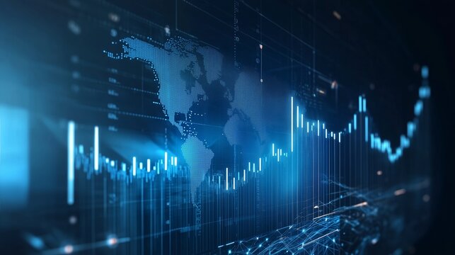Digital world map with data visualization and stock market trends displayed in blue tones