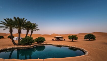 Obraz premium Desert Oasis with Palm Trees and a Starry Sky.