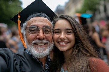 Fototapeta premium Happy student taking selfie with her father on her graduation day, Generative AI