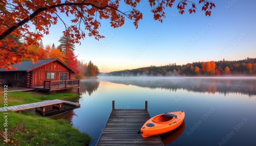 Poster Cabin by the Lake with Autumn Foliage and Kayak.