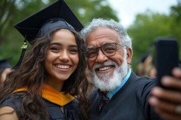 Fototapeta premium Happy student taking selfie with her father on her graduation day, Generative AI