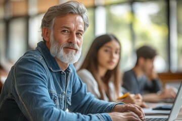 Group of college students e-learning on laptop with teacher's assistance in classroom, Generative AI