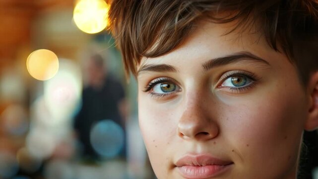 A woman getting a trendy pixie cut, emphasizing fashionable and modern hairstyles.