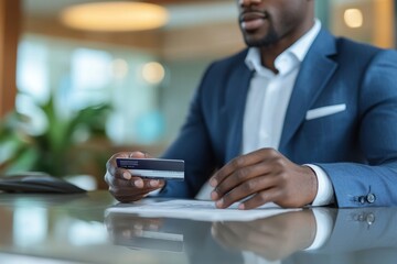 Close up of African American man using credit card while paying at hotel reception desk, Generative AI