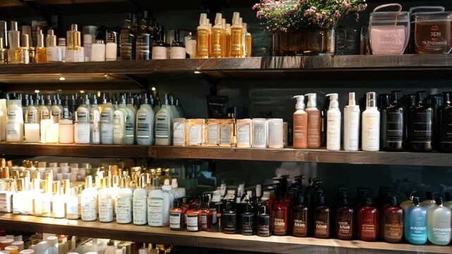 A salon shelf stocked with professional hair products, highlighting premium hair care.