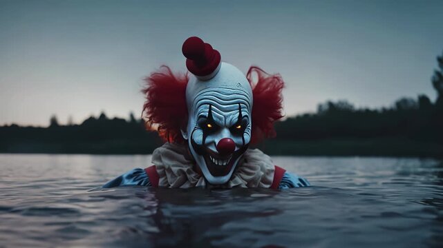 Evil scary smiling clown with red hair and glowing eyes emerging from a lake. High quality cinematic horror movie footage. Slow-motion. Halloween theme. 