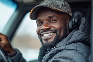 Happy black truck driver talks on cell phone on parking lot, Generative AI