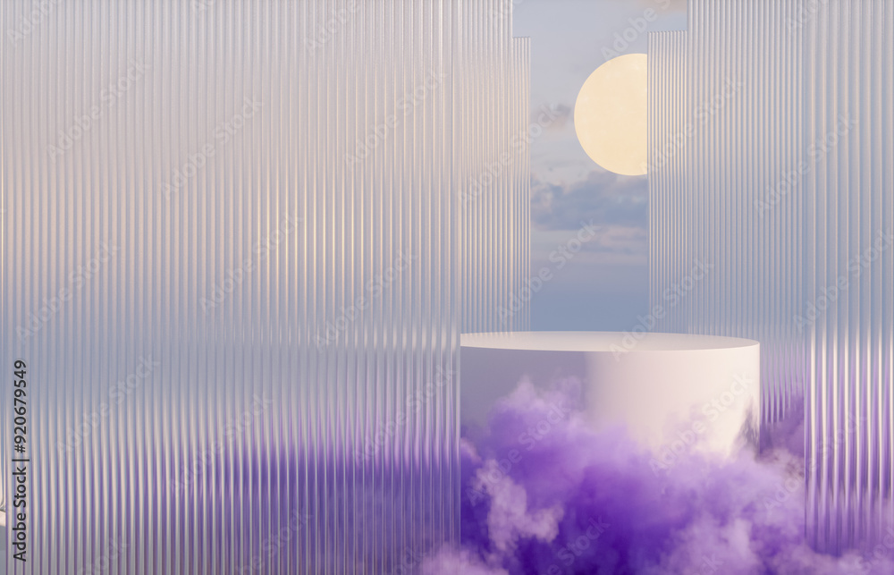 Aufkleber Natural podium backdrop for product display with purple cloud smoke. Halloween concept background. 3d rendering