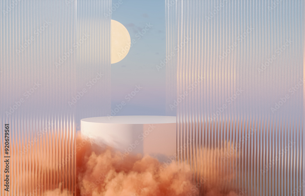 Poster natural podium backdrop for product display with orange cloud smoke. halloween concept background. 3