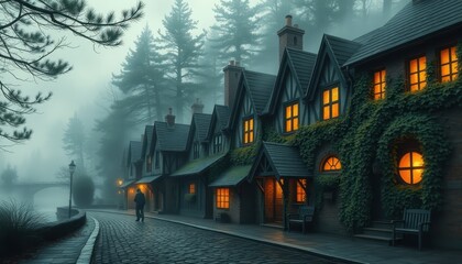 Obraz premium Mysterious Foggy Street with Cozy Houses.