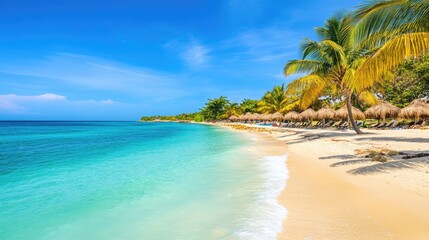 Palm-lined beach in Jamaica with crystal-clear turquoise sea under a sunny sky. Island paradise.