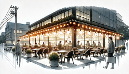 Cozy Restaurant with Glowing Lights at Night