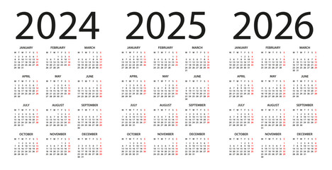 Calendar 2024, 2025, 2026 - illustration. Week starts on Monday. Calendar Set for 2024, 2025, 2026 years