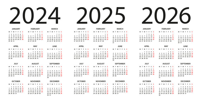 Calendar 2024, 2025, 2026 - illustration. Week starts on Monday. Calendar Set for 2024, 2025, 2026 years