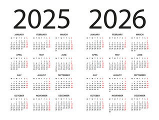 Calendar 2025, 2026 - illustration. Week starts on Monday. Calendar Set for 2025, 2026 years