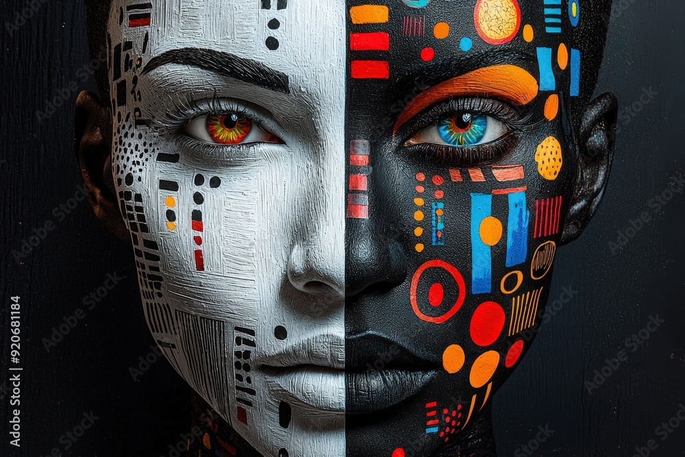 Fototapete a captivating face painting showcases a striking contrast between light and dark, featuring intricat