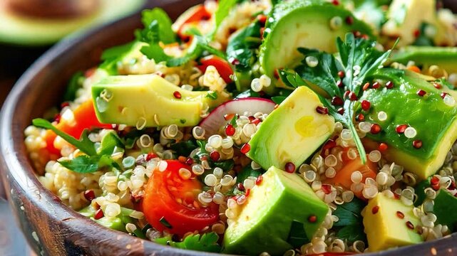 A healthy homemade salad with quinoa and avocado, showcasing nutritious meals