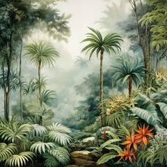 Lush Tropical Jungle Scene With Palm Trees And Distant Mountain