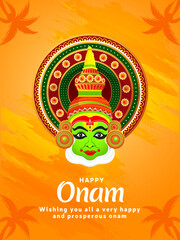 Happy Onam festival celebration background with kathakali dancer face mask vector illustration.