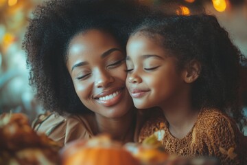 Naklejka premium Grateful black girl kisses her mother during Thanksgiving family meal, Generative AI