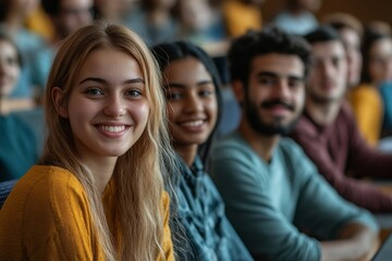 Fototapeta premium Multiracial group of happy friends cheering while watching sports game at stadium, Generative AI