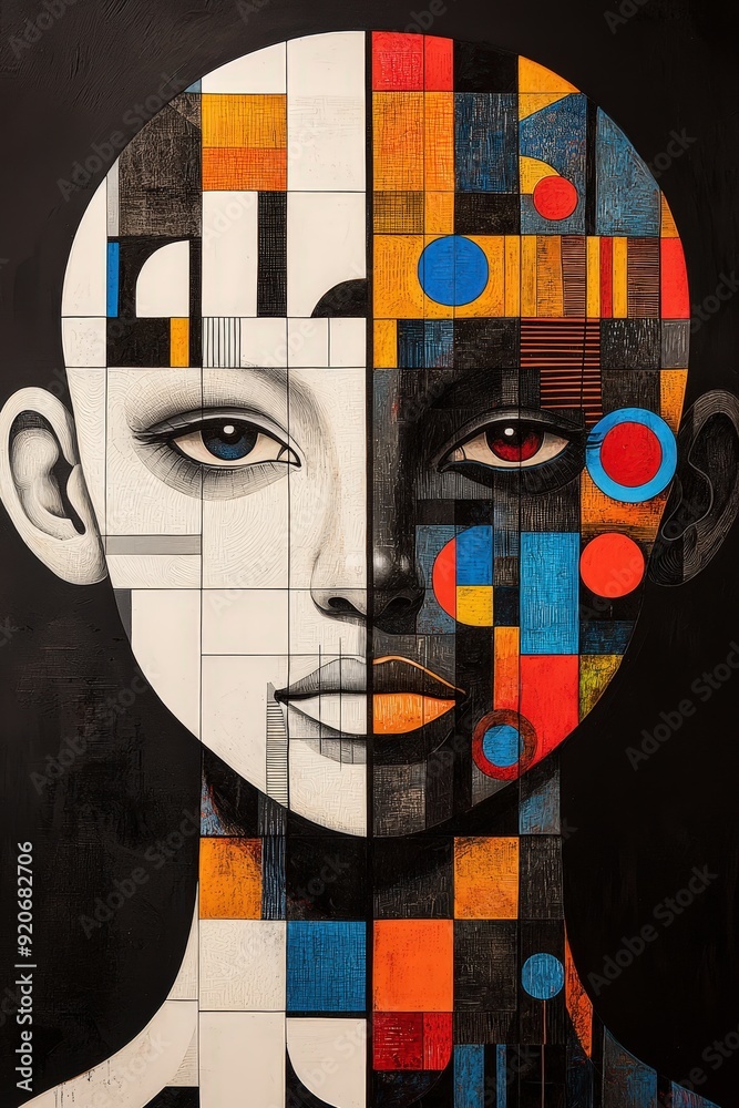 Poster a striking abstract portrait showcases a split faces, incorporating geometric shapes and vibrant col