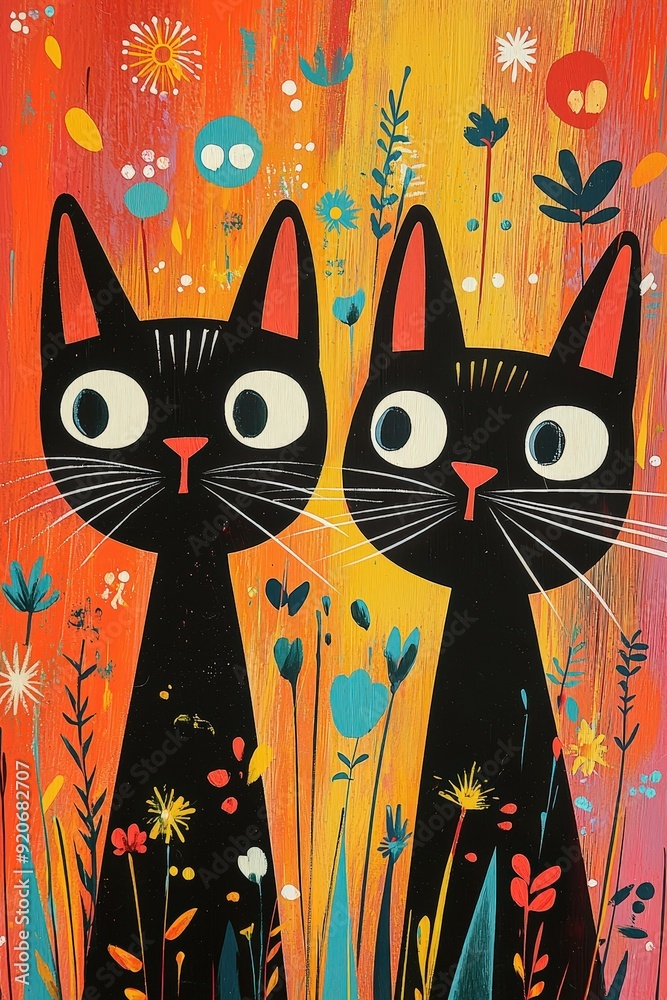 Poster Two playful black cats with big eyes stand in a bright garden full of colorful flowers and playful background patterns